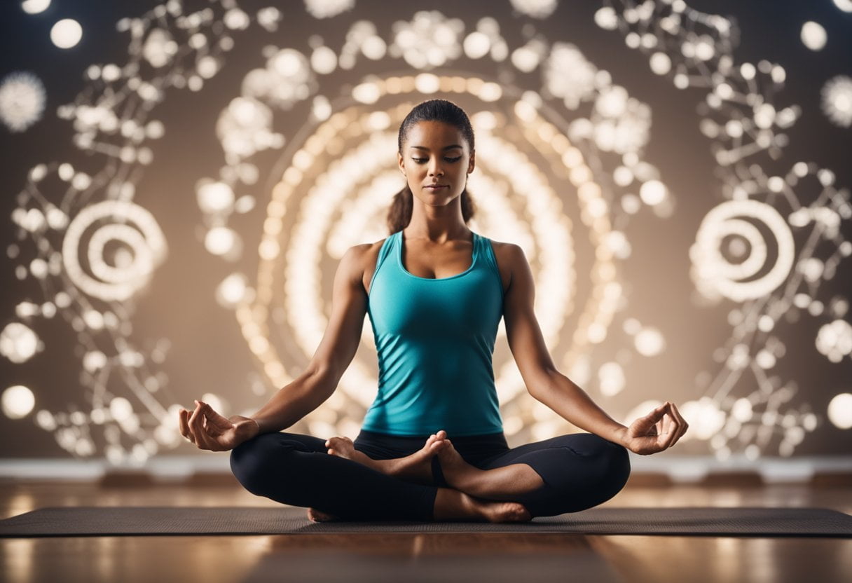 A person in a yoga pose, with improved flexibility and posture, surrounded by symbols of health benefits