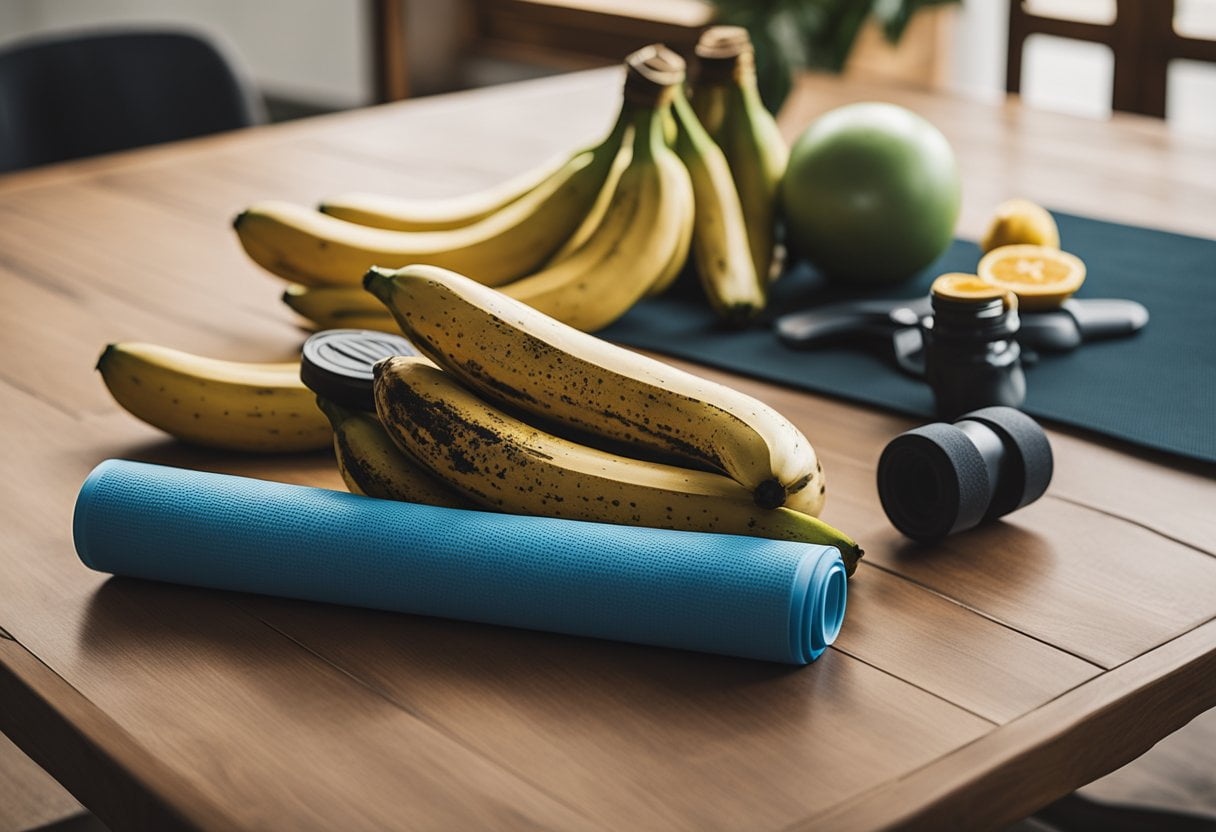 A bunch of ripe bananas sits on a wooden table, surrounded by a pair of running shoes and a water bottle. A yoga mat and exercise ball are in the background