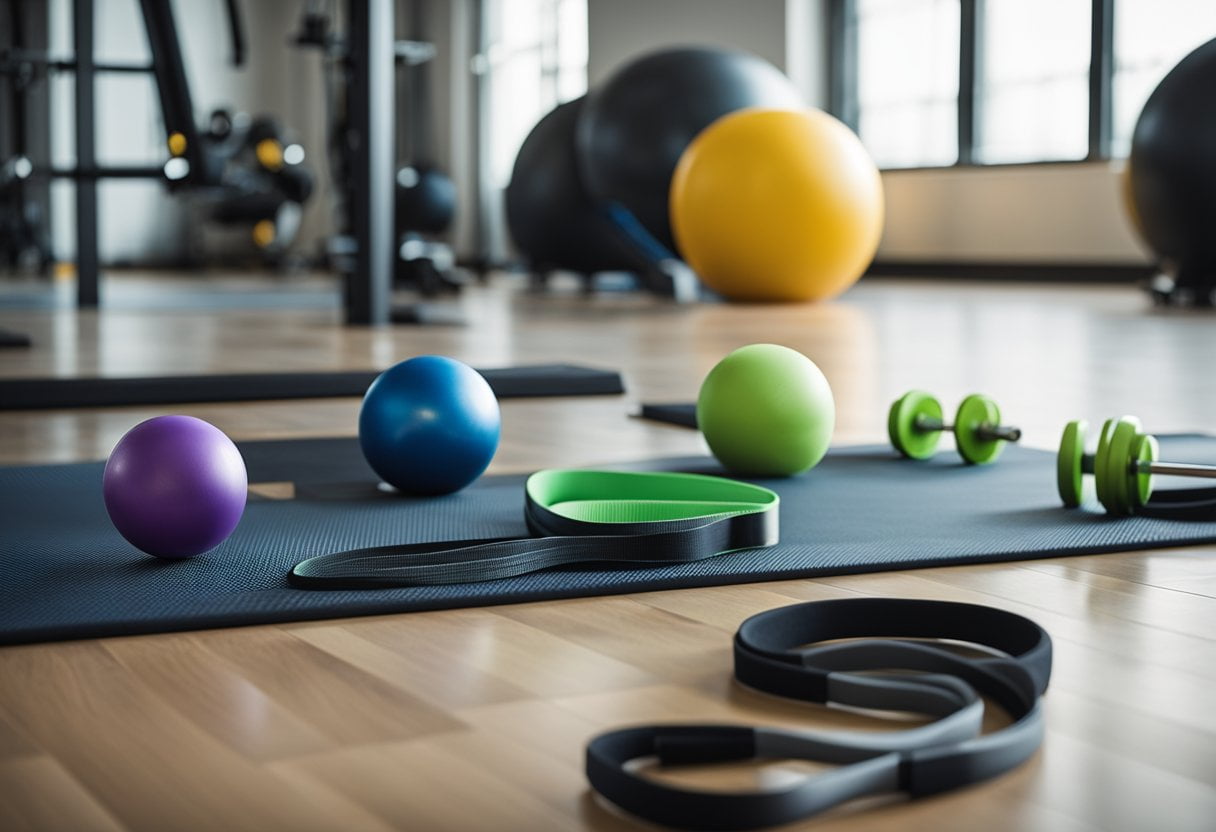 A set of 10 exercise equipment items arranged on a gym floor, with a focus on abdominal workout tools such as stability balls, resistance bands, and yoga mats