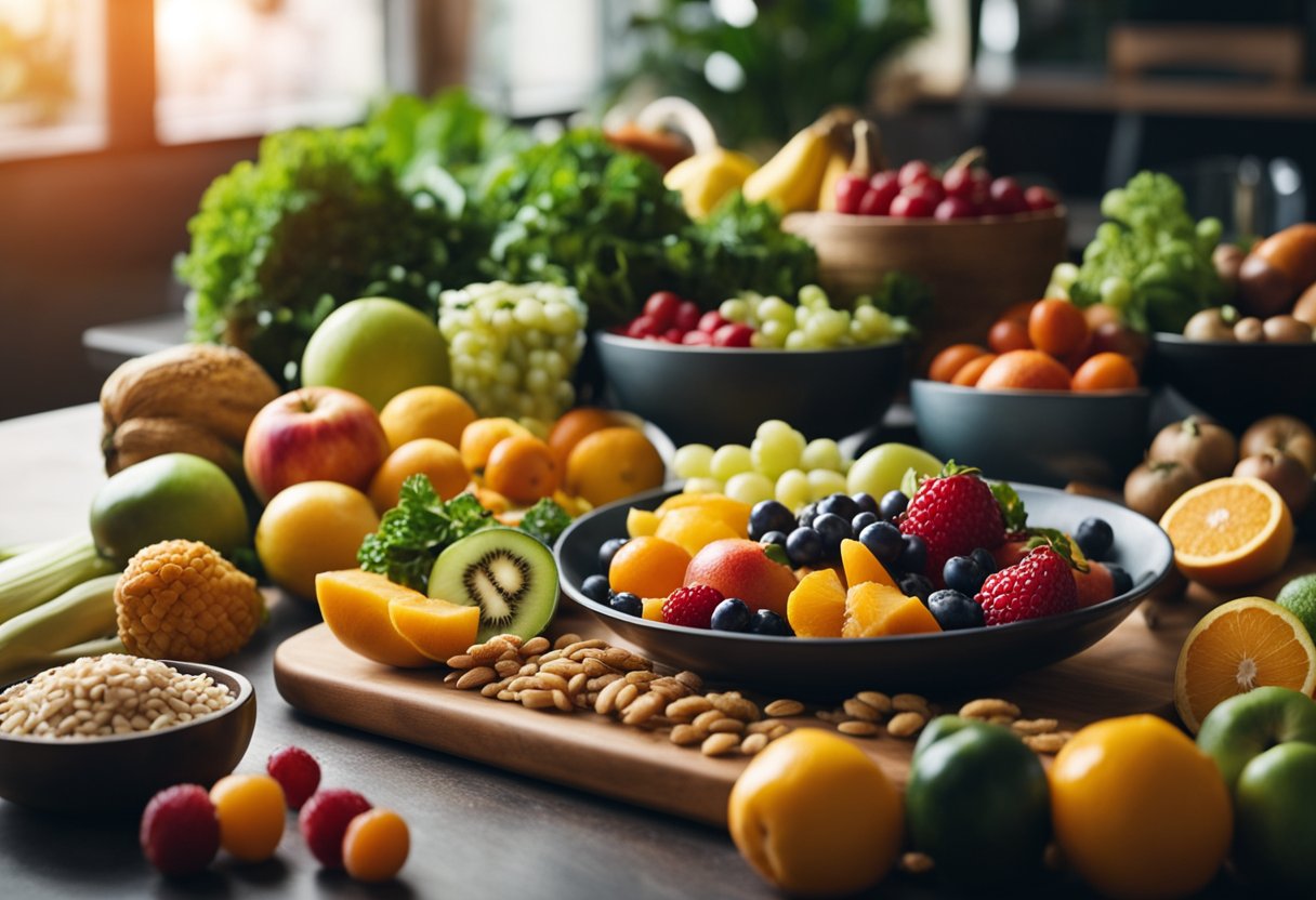 A table with a variety of colorful fruits, vegetables, and whole grains. A person doing abdominal exercises in a gym