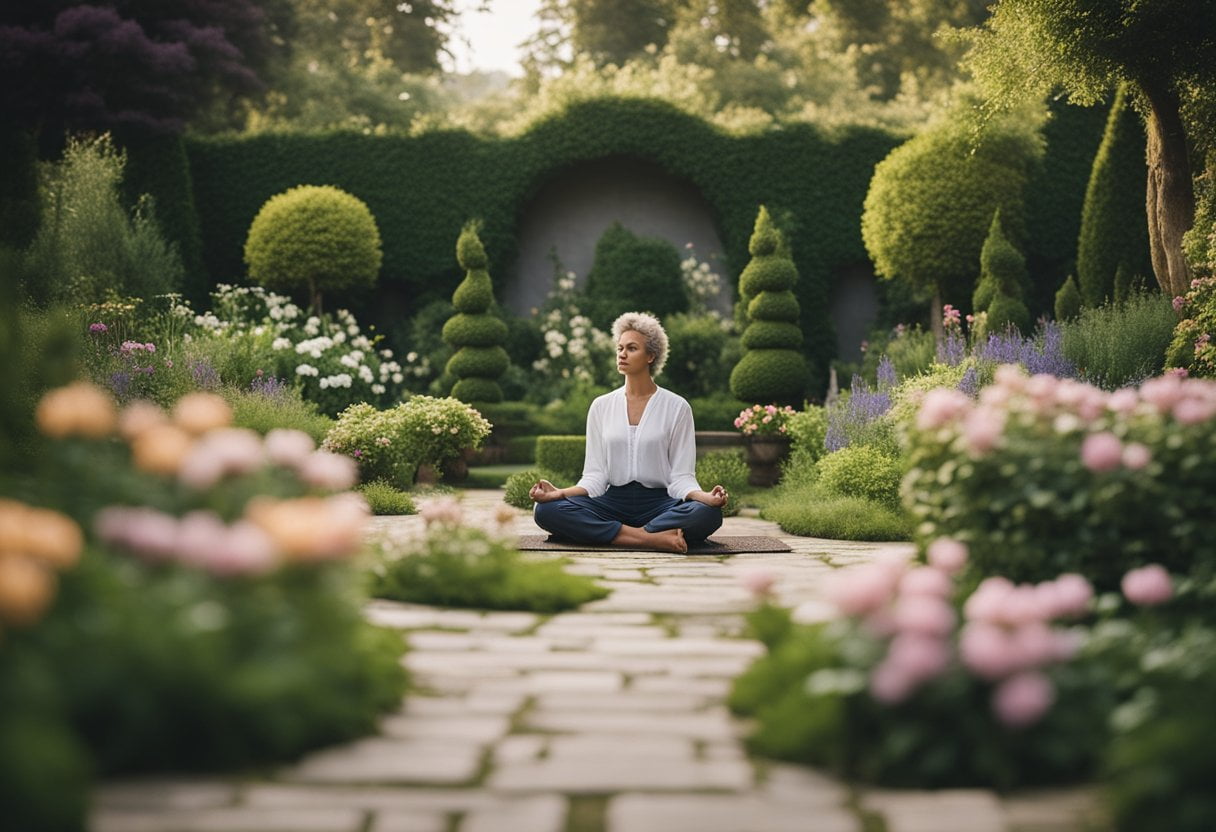 A peaceful garden with a serene atmosphere, featuring a person meditating in a cross-legged position surrounded by lush greenery and blooming flowers