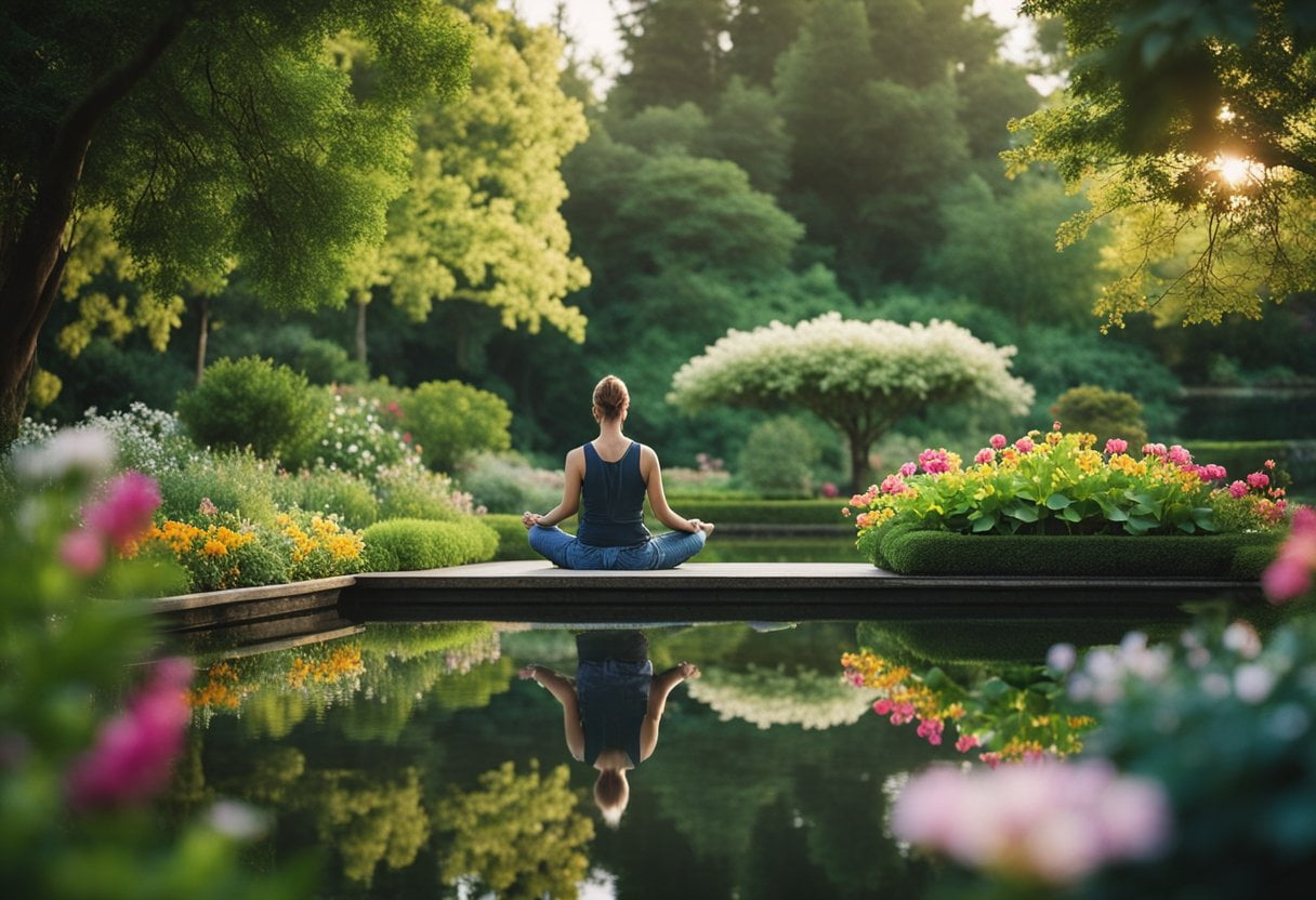 A serene garden with a peaceful pond, surrounded by lush greenery and colorful flowers. A person sits in meditation, surrounded by a calm and tranquil atmosphere