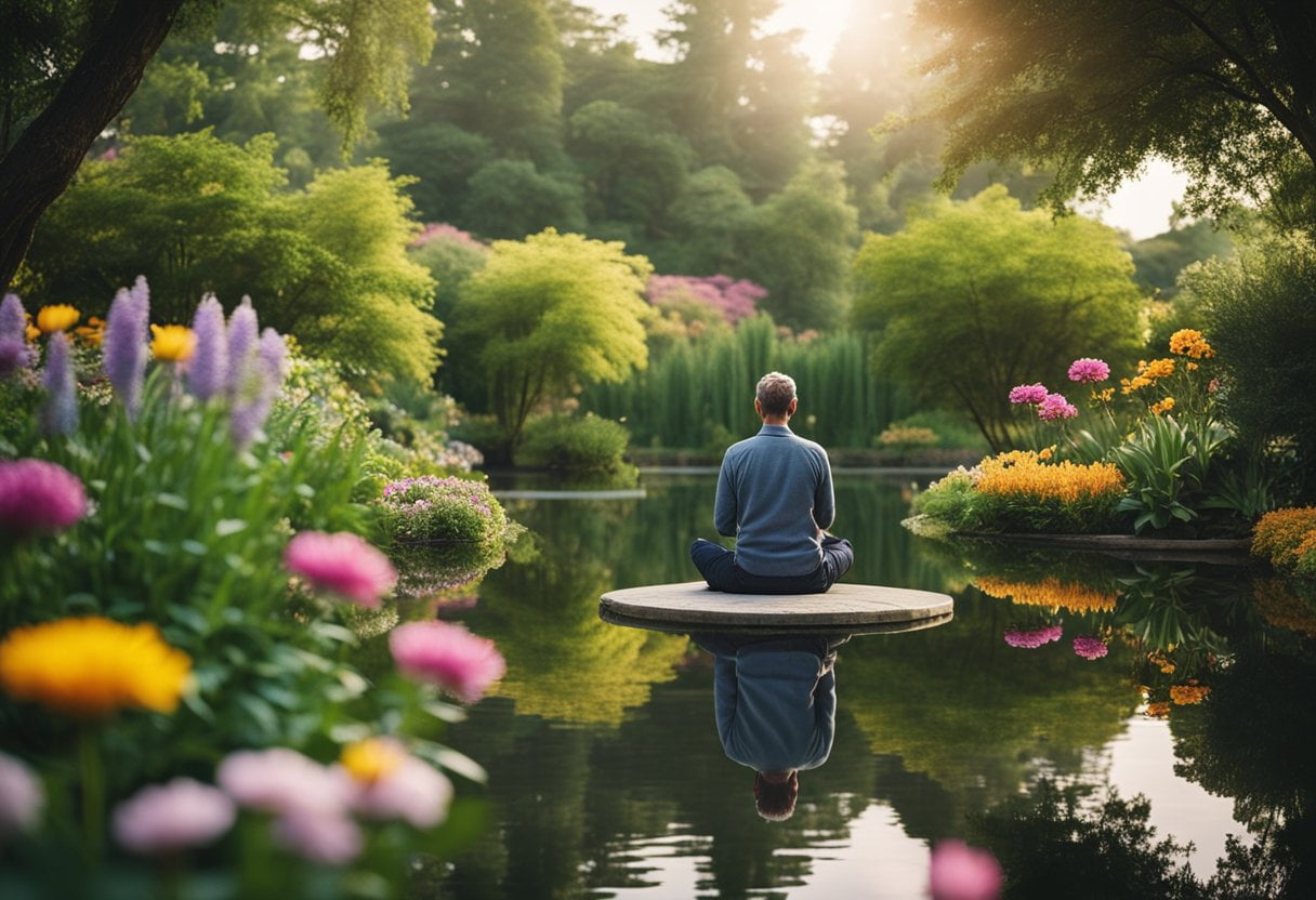 A serene garden with a peaceful pond, surrounded by lush greenery and colorful flowers. A person sits in meditation, surrounded by a sense of calm and tranquility