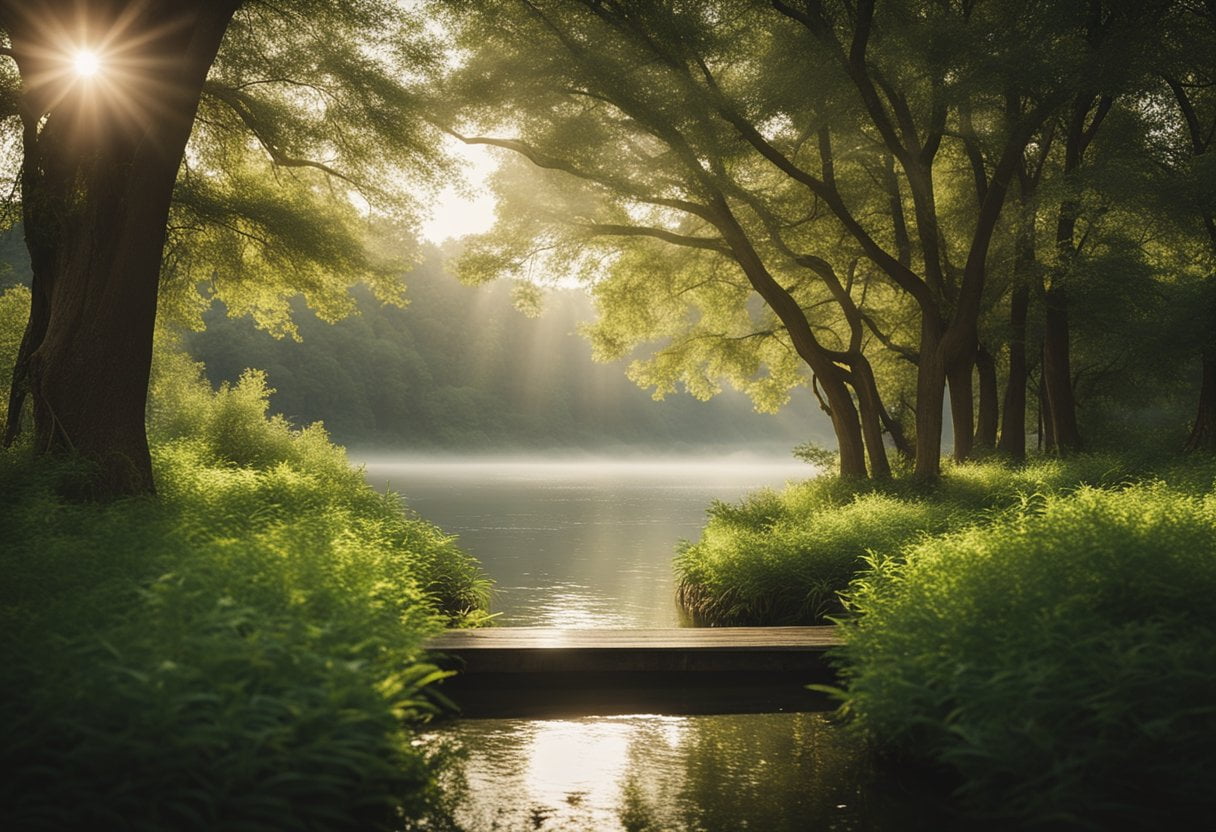 A serene landscape with a peaceful atmosphere, featuring a tranquil setting with elements of nature like trees, water, and gentle sunlight to depict the benefits and impacts of meditation for cultivating mindfulness