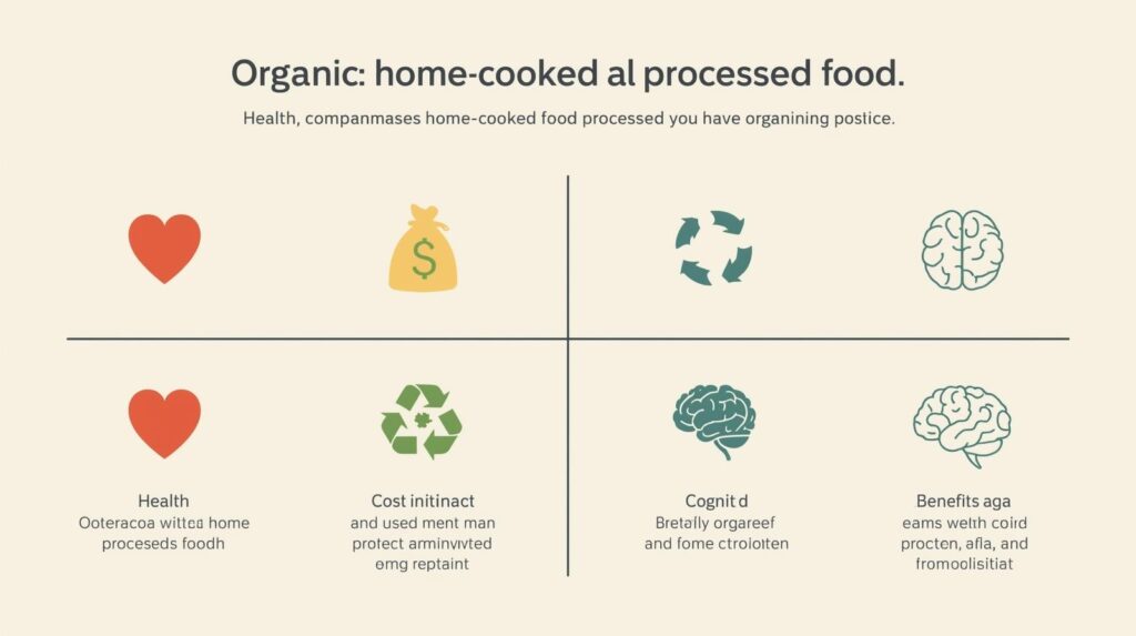 Quadro comparativo simples: alimentos orgânicos em casa vs. alimentos industrializados (com ícones de coração, dinheiro, terra e cérebro).