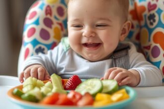 Um bebê sorridente sentado em uma cadeirinha, com um pratinho colorido de frutas e legumes.