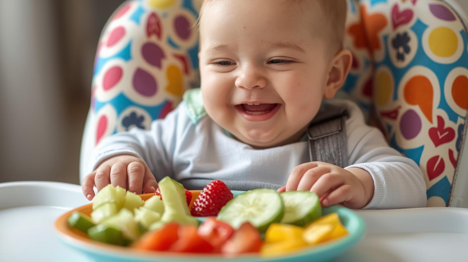 Um bebê sorridente sentado em uma cadeirinha, com um pratinho colorido de frutas e legumes.