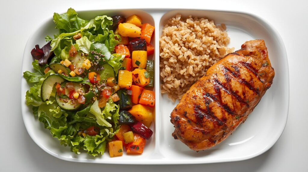(Imagem: Um prato colorido e atraente dividido visualmente em metade de salada verde e legumes cozidos, um quarto com arroz integral e um quarto com filé de frango grelhado. Texto alternativo: Exemplo de prato balanceado para emagrecer com saúde, seguindo o método do prato colorido.)