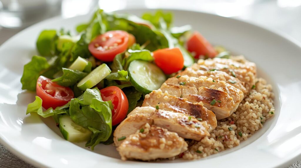 Um prato colorido e saudável com salada, grãos e uma porção de proteína, representando uma alimentação balanceada na gravidez.