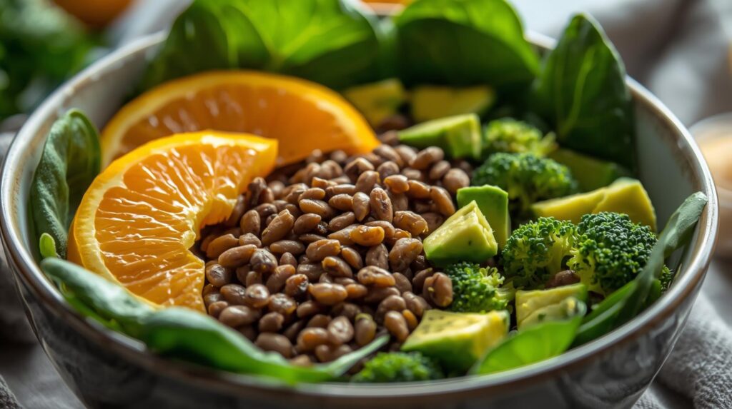 Alimentos ricos em ácido fólico: folhas verdes, leguminosas, frutas cítricas e abacate