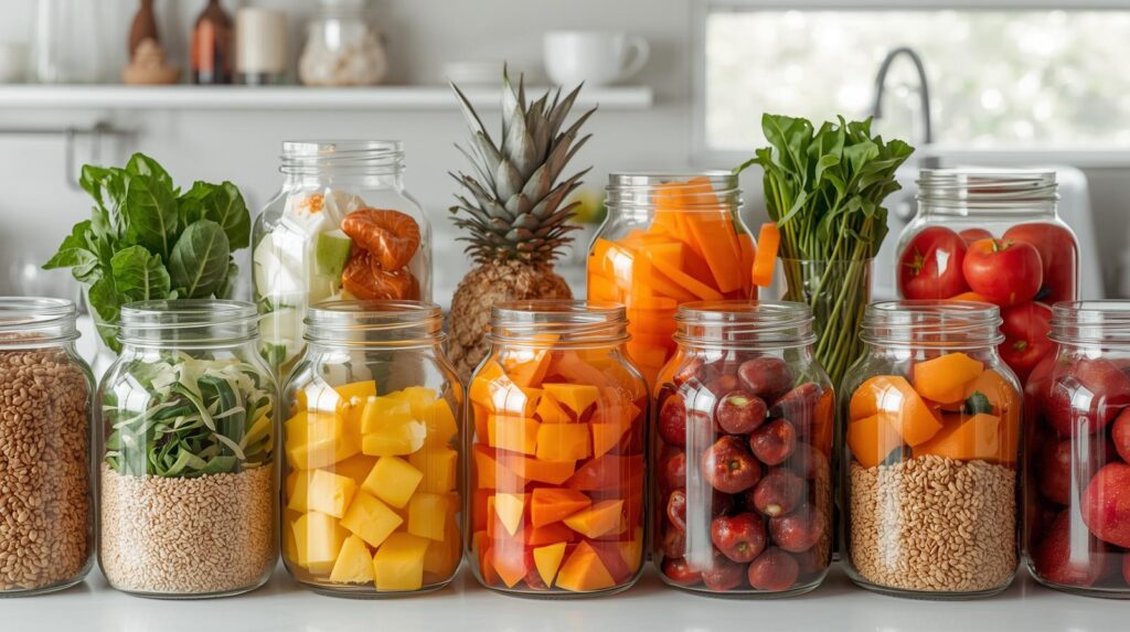 Organização de potes com comida saudável para facilitar o preparo das refeições durante a semana toda.)