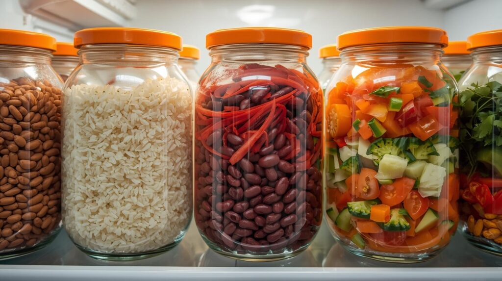 Organização de marmitas e potes com comida saudável preparada antecipadamente para facilitar a rotina durante a semana