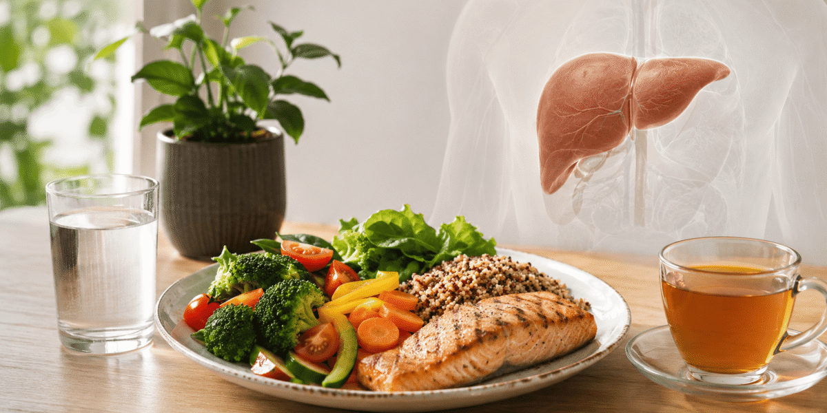 Alimentação equilibrada, água e chá representando cuidados com a saúde do fígado.