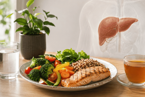 Alimentação equilibrada, água e chá representando cuidados com a saúde do fígado.