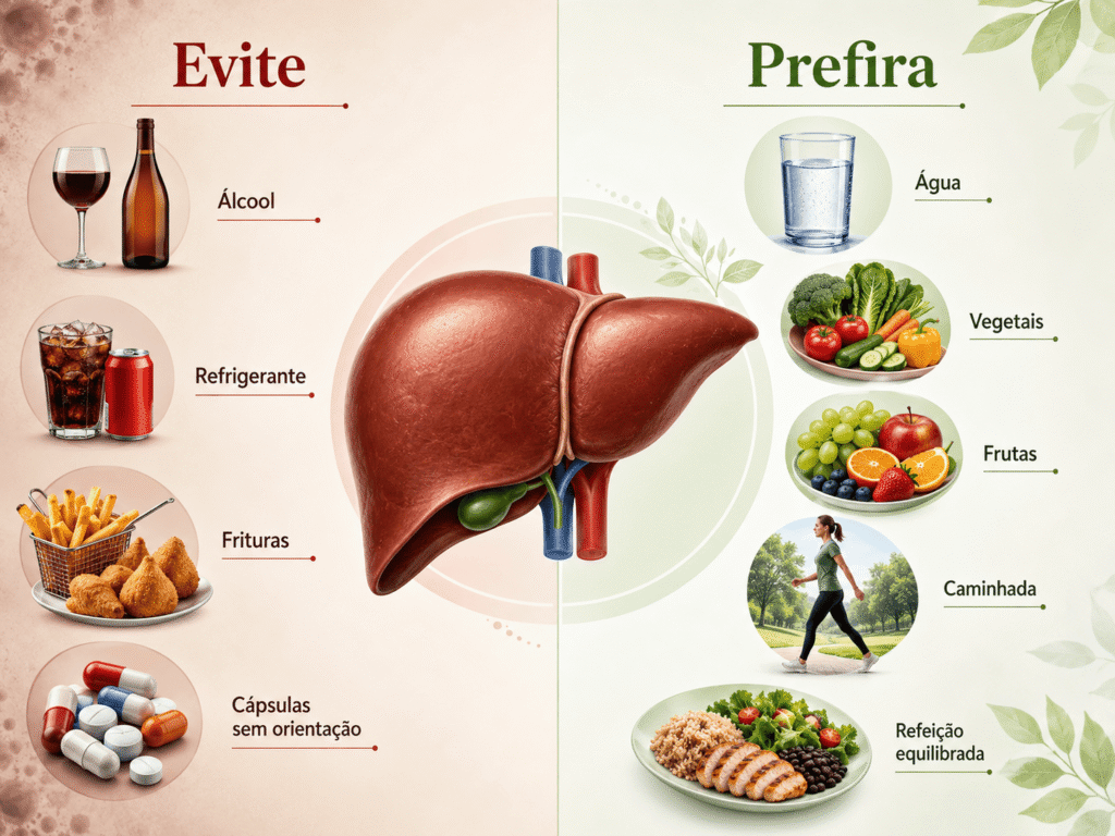 Comparação entre hábitos que prejudicam e hábitos que favorecem a saúde do fígado.